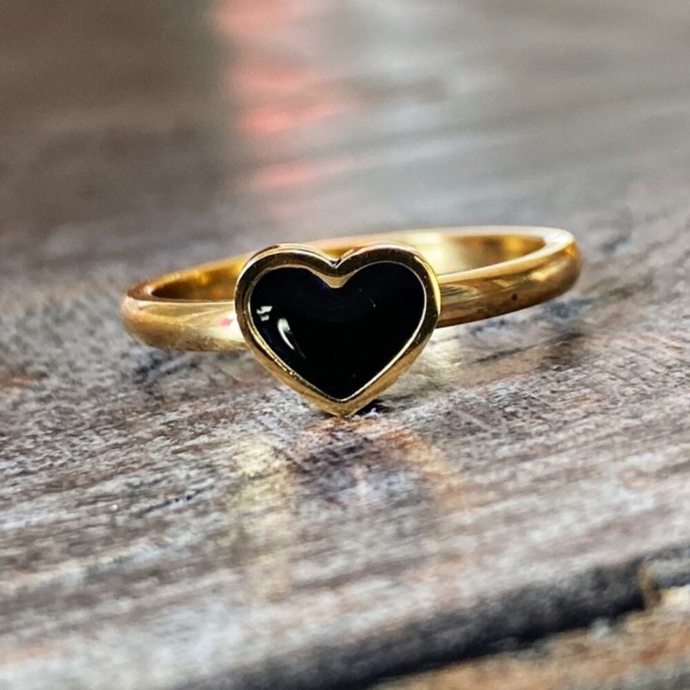 NEW Small Black Heart Gold Ring